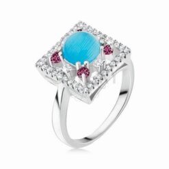 Inel din argint cu cristale roz si cristal albastru